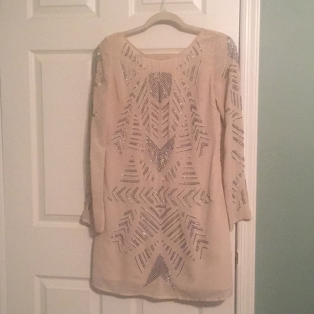 Long sleeve beaded cream mini dress